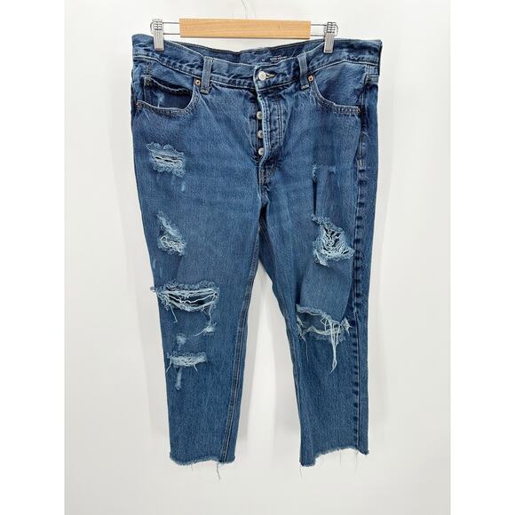 Old Navy Women High Rise Slouchy Straight Jeans Size 14 Distressed Button Fly - Picture 1 of 9